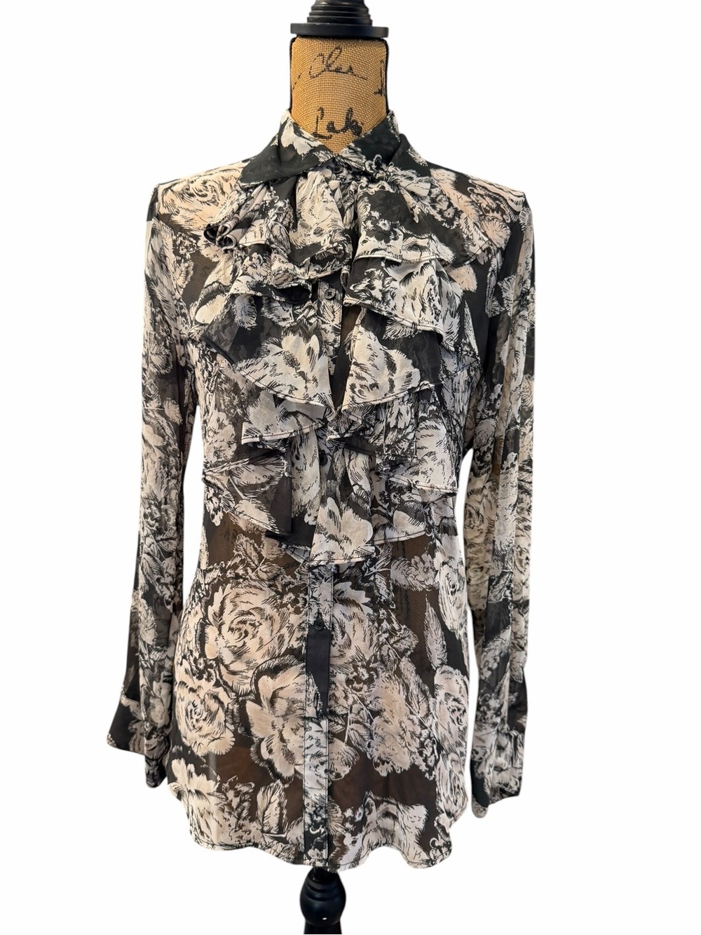 cabi Sheer Floral Ruffle Button Down Blouse Black Cream Size M - Picture 2 of 6